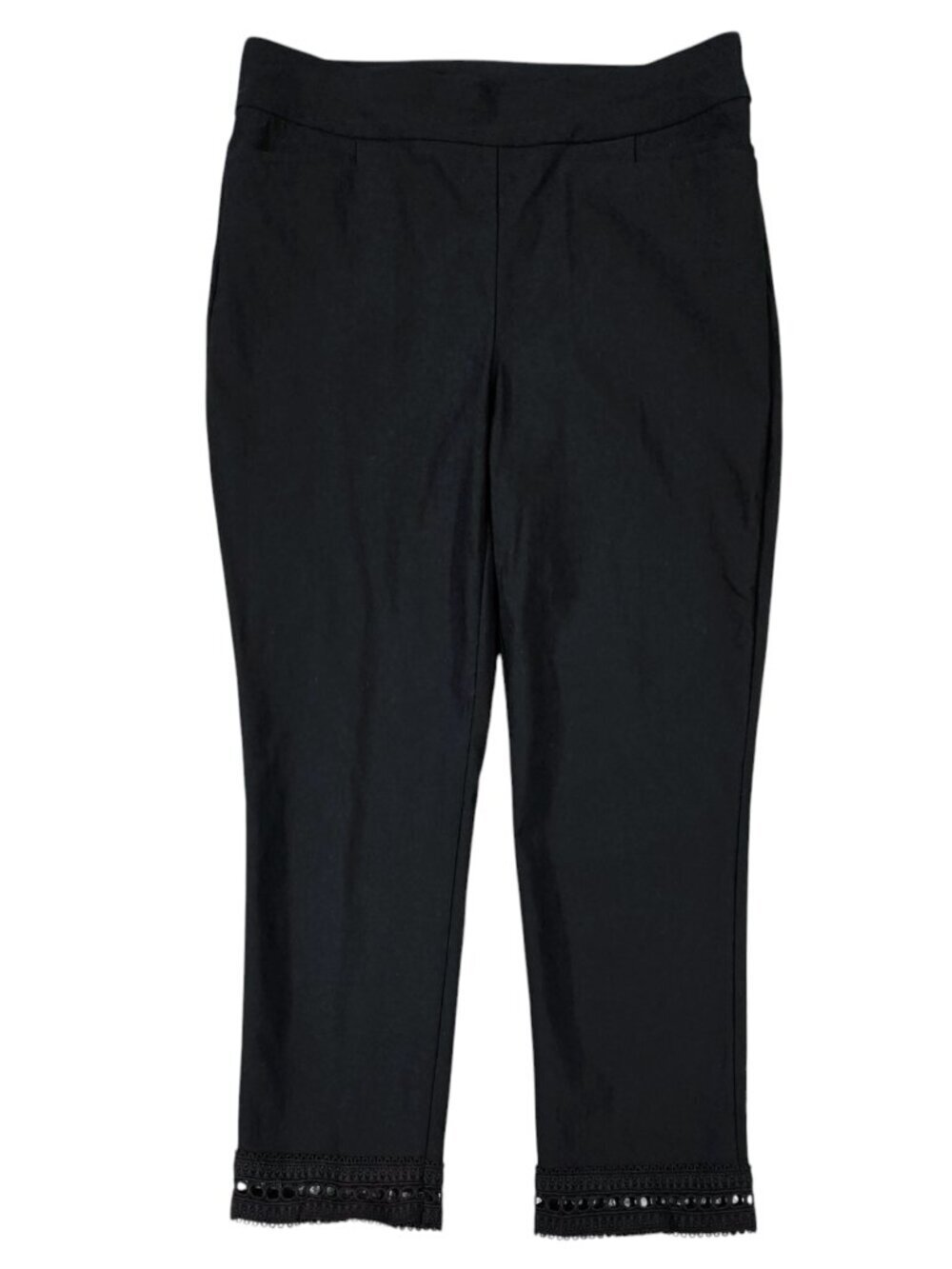 Chico's So Slimming Brigitte Black Fringe Hem Slim Crop Pants Capsule Stretch